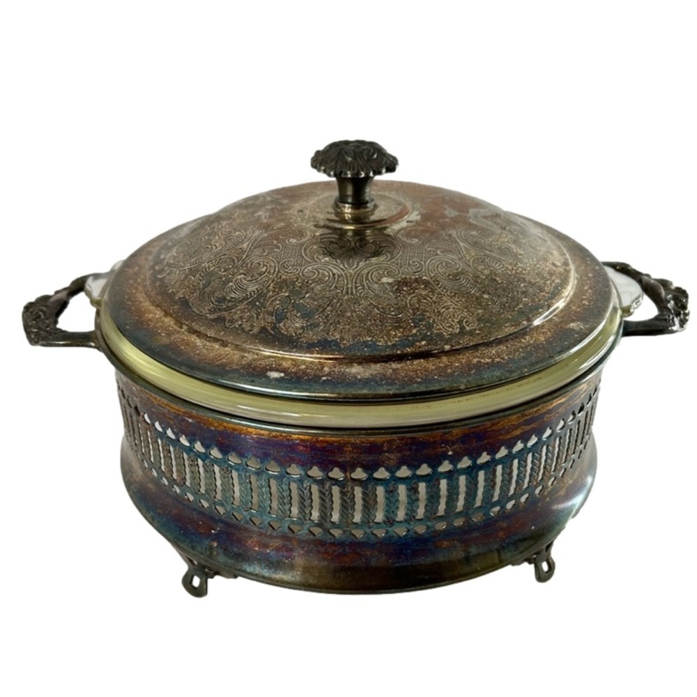 Vintage Silver-plated Round Lidded Tray and Glasbake Dish Insert